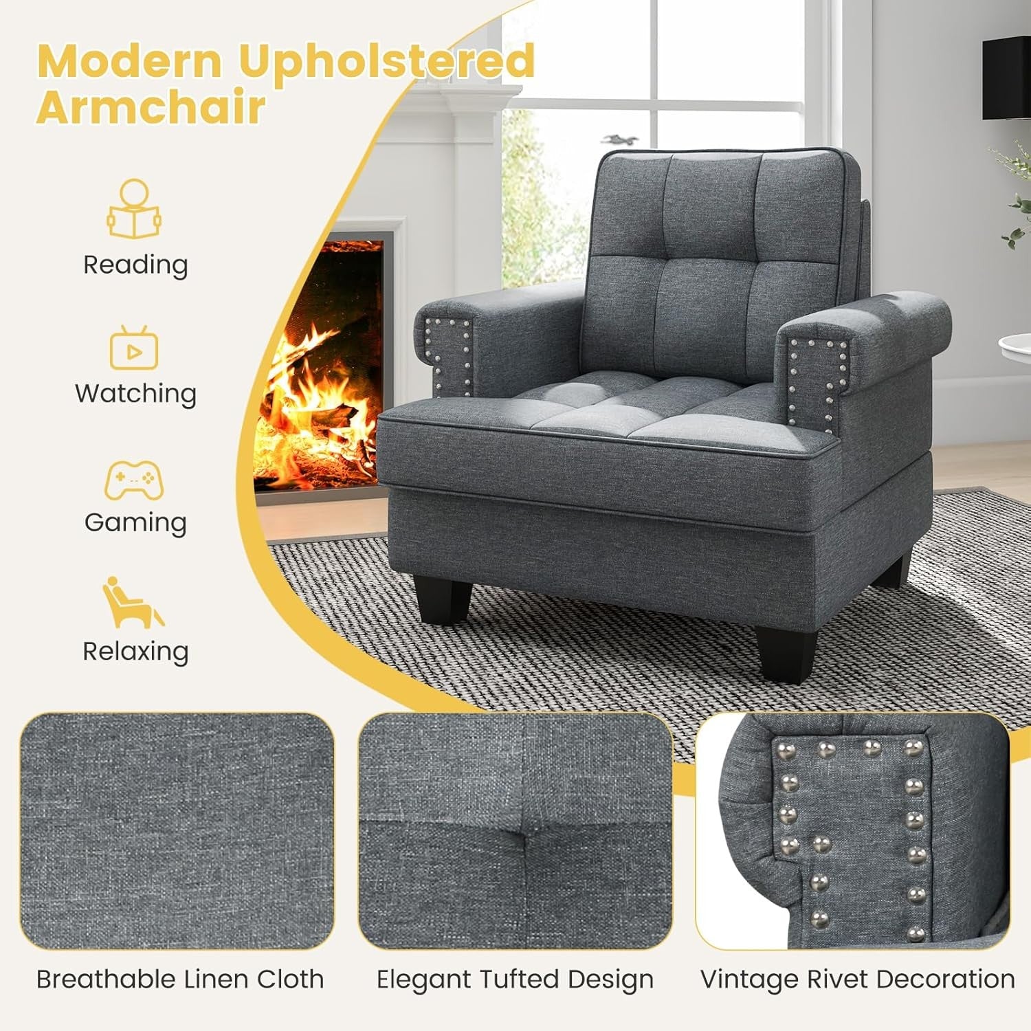 Tufted Accent Chair Linen Armchair Wide Seat Fireside Grey