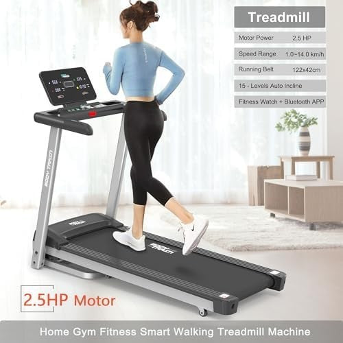 Folding Bluetooth Treadmill 14km/h 15-Level Incline 2.5HP App Kinomap Zwift Home