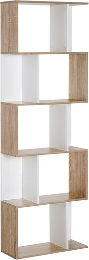 Modern S-Shape 6-Tier Freestanding Bookcase Oak & White – Stylish Display Shelf