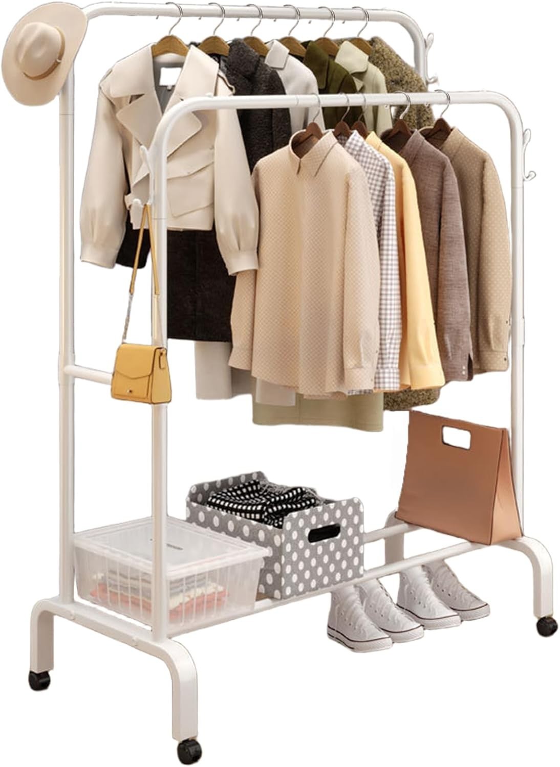 Heavy Duty Double Clothes Rail with Shelf & Wheels – White