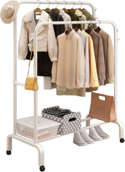 Heavy Duty Double Clothes Rail with Shelf & Wheels – White