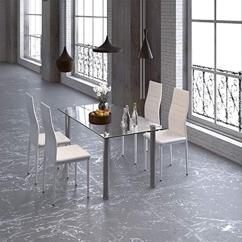 Rectangular Glass Dining Table with 4 White PU Leather High-Back Chairs