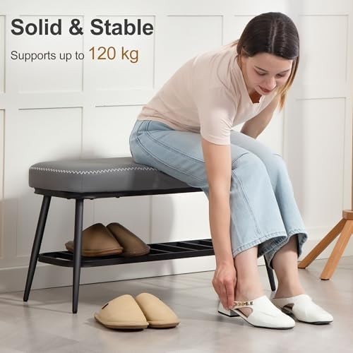 Grey PU Leather Shoe Storage Bench with Cushion Seat & Metal Frame Entryway