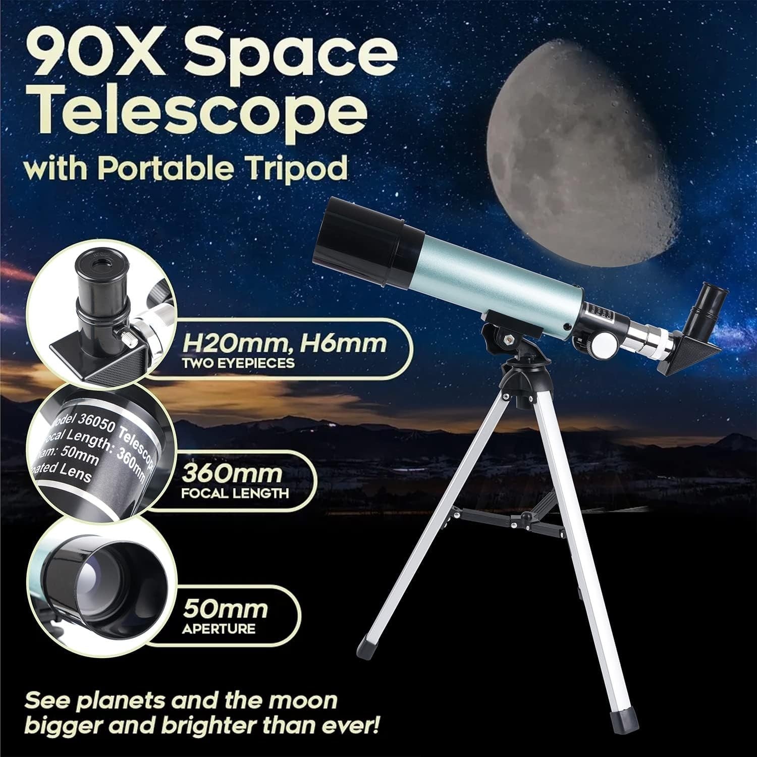 Kids 50mm Astronomical Telescope 90X Blue Refractor with Tripod Beginner Set
