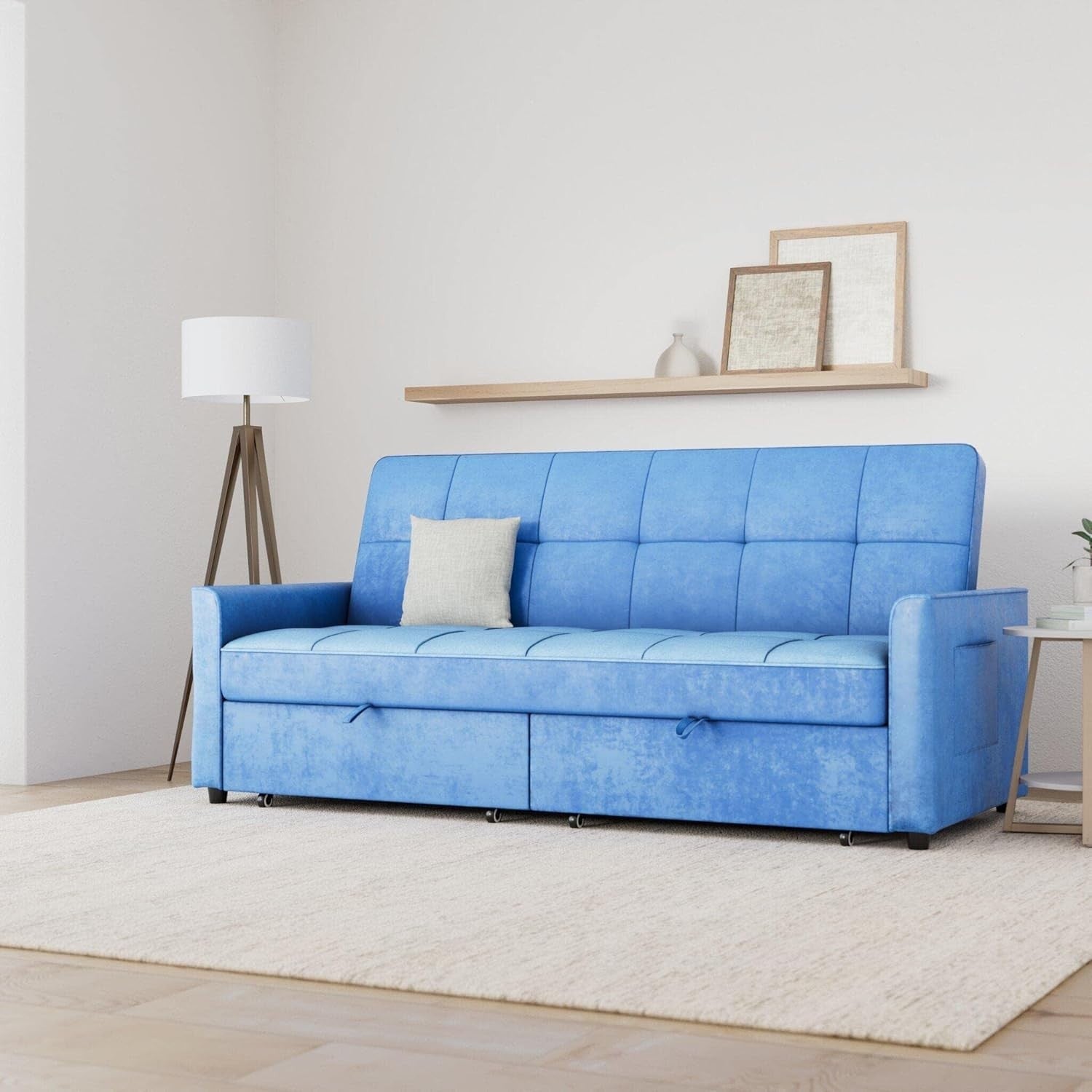 Blue Velvet Sofa Bed 3 Seater Pull Out Guest Bed Storage Cushions
