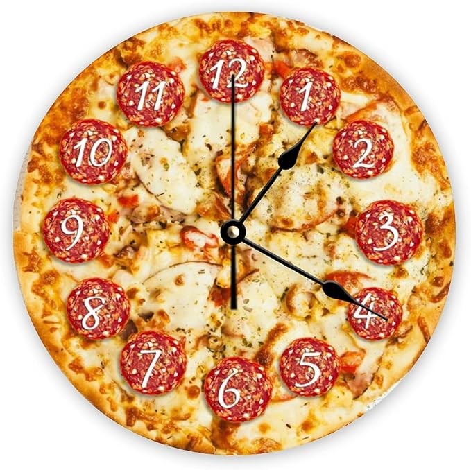 Funny Pizza Wall Clock 25cm Silent Non-Ticking Round Wooden Kitchen Decor