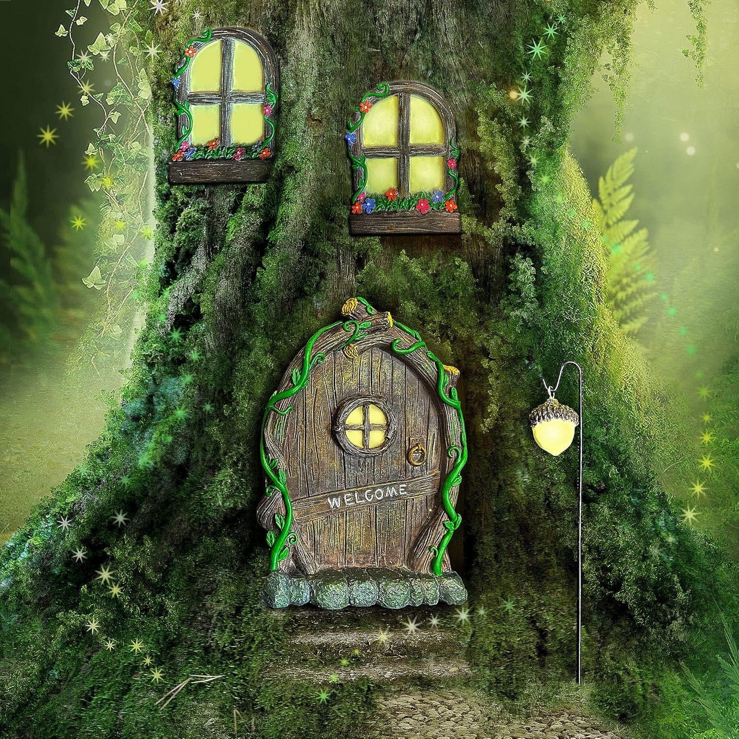Fairy Door & Window Set Glow in Dark Garden Ornament Outdoor Resin Decor 4pcs