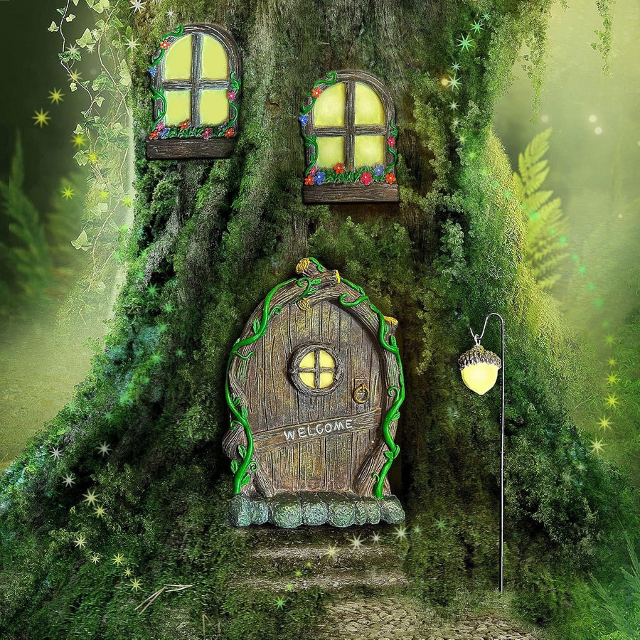 Fairy Door & Window Set Glow in Dark Garden Ornament Outdoor Resin Decor 4pcs
