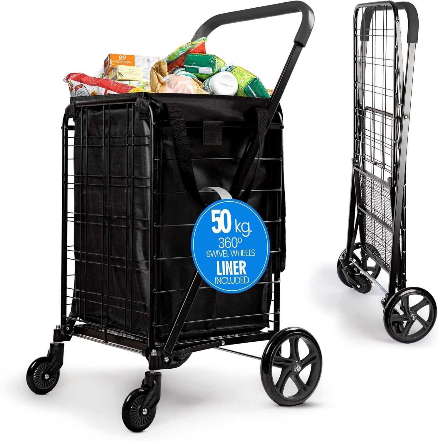 Heavy Duty Foldable Shopping Trolley 50kg 360° Swivel Wheels Waterproof Liner