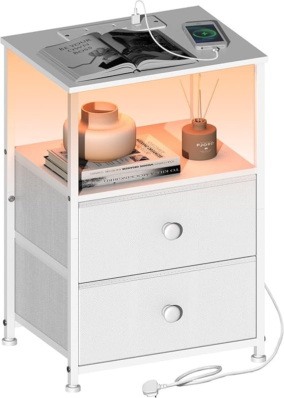 Modern LED Bedside Table with Charging Station & 2 Drawers – White Storage Unit