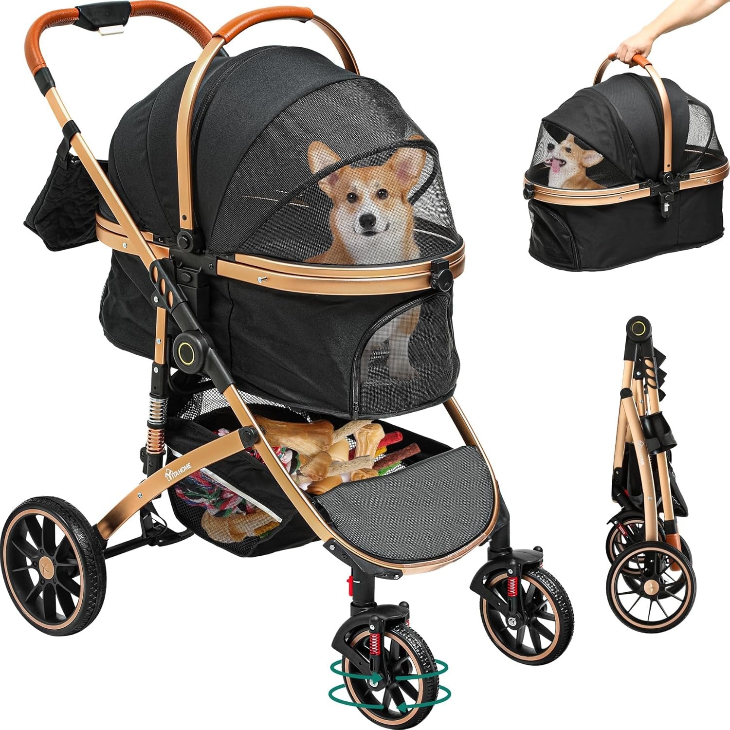 Luxury Pet Stroller 3 in 1 Folding Dog Cat Pram Detachable Carrier Travel