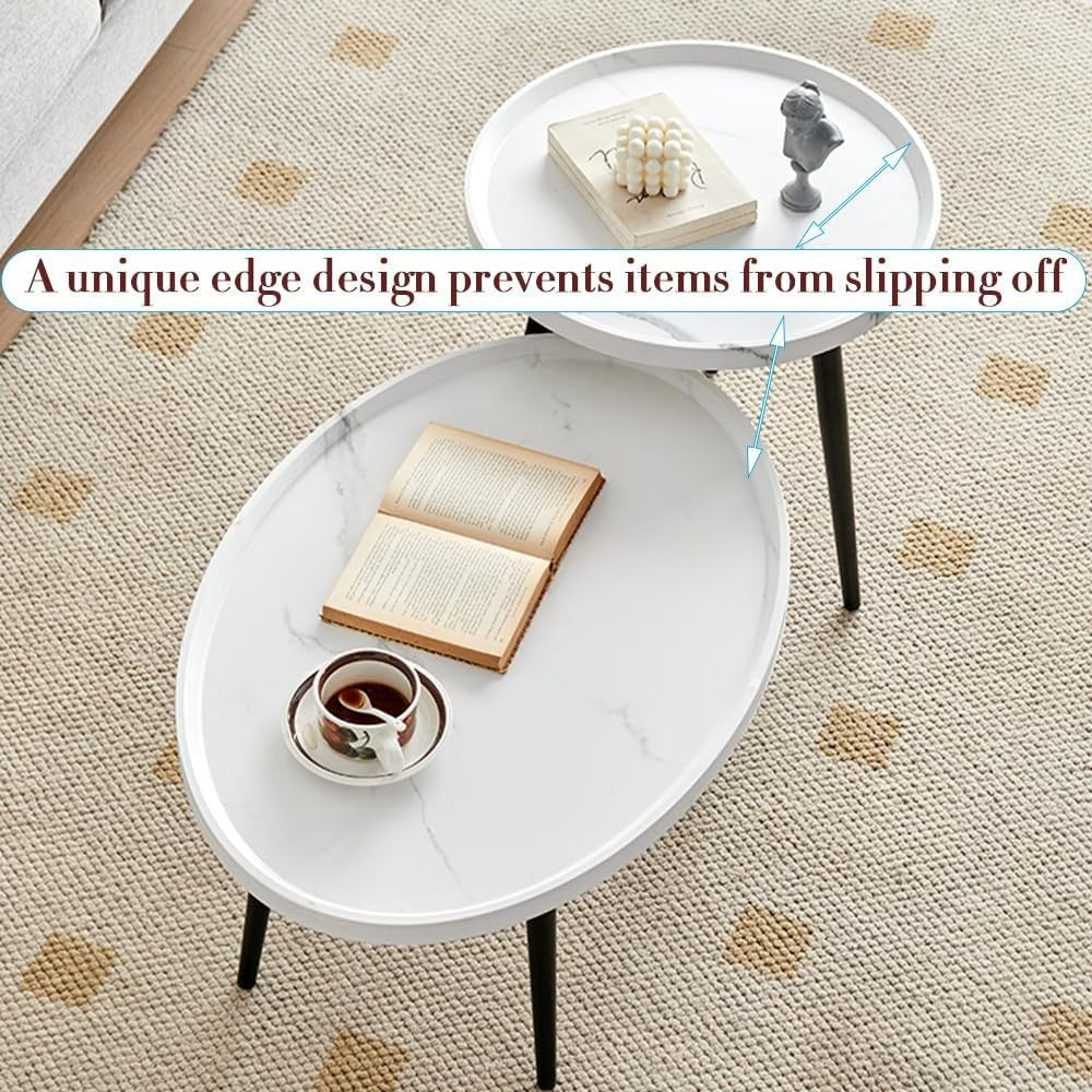 White Nesting Coffee Table Set Oval & Round Wood Living Room Storage Side End