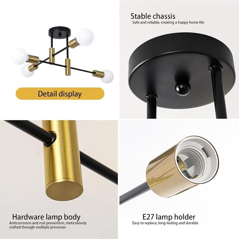Modern Black Gold Sputnik Ceiling Light E27 4-Way Flush Mount Lamp