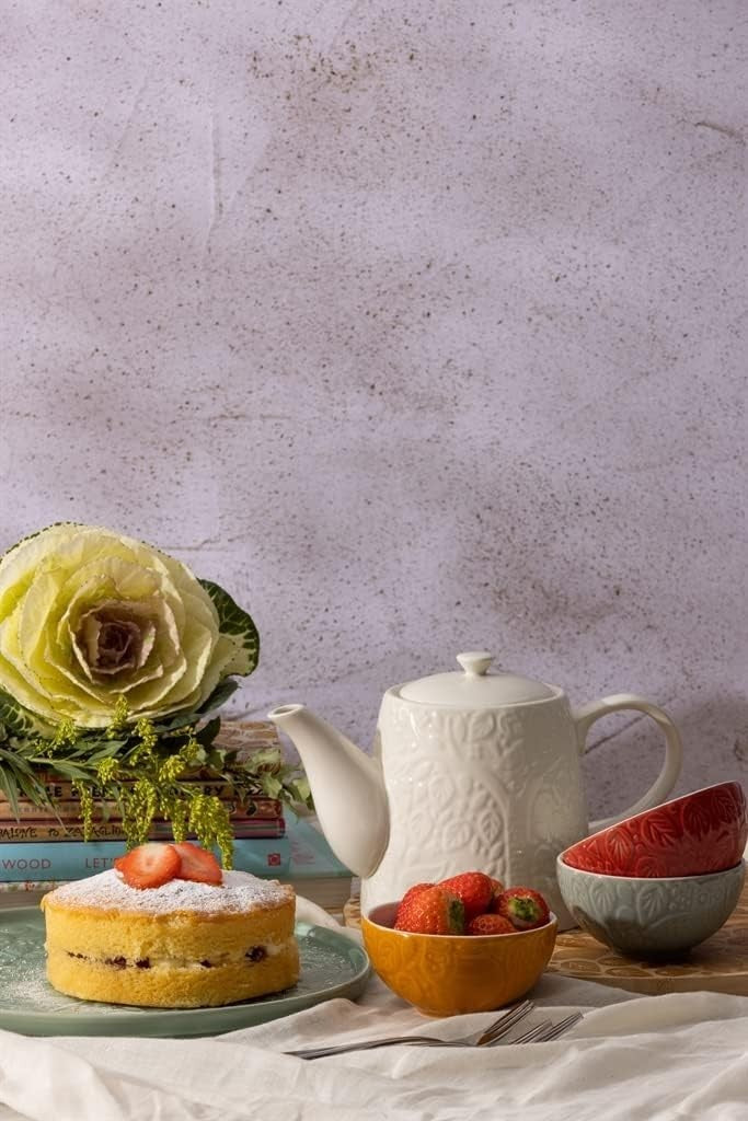 Stoneware Teapot 1L Embossed Forest Design Heat Retaining Cream