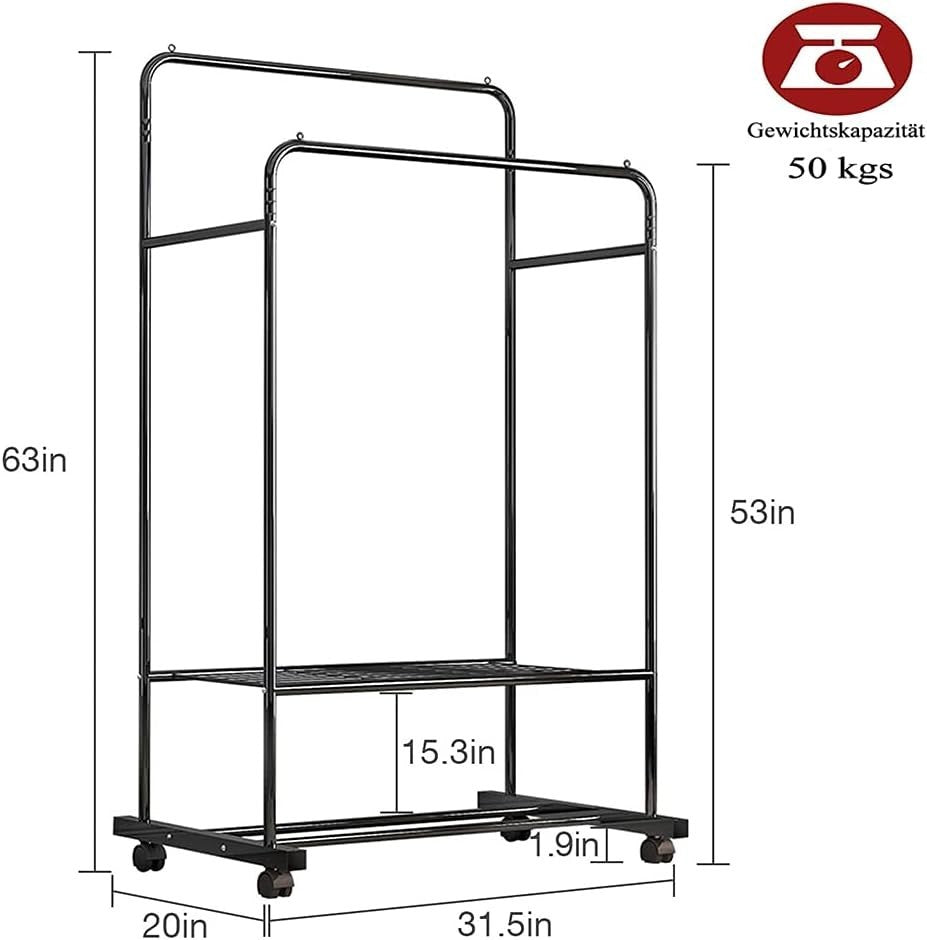 Double Clothes Rail Garment Rack with Wheels & Shelves Black