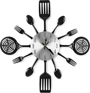 Cutlery Wall Clock Black Modern Kitchen Spoon Fork Spatula Silent 40cm Decor