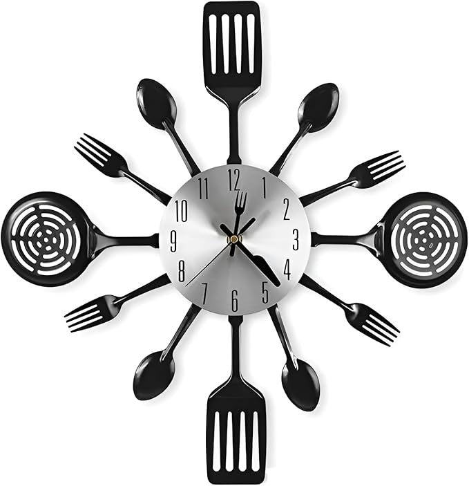 Cutlery Wall Clock Black Modern Kitchen Spoon Fork Spatula Silent 40cm Decor