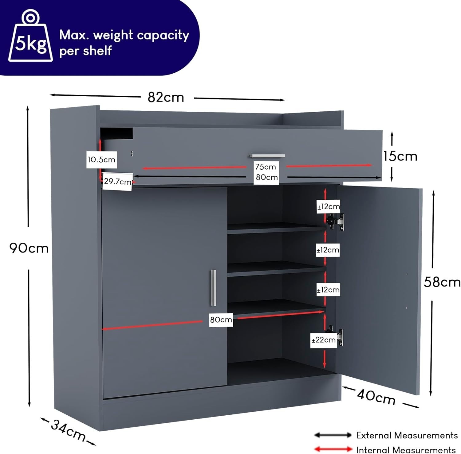 Modern Grey Shoe Cabinet with Drawer Hallway Cupboard 82x34x90cm