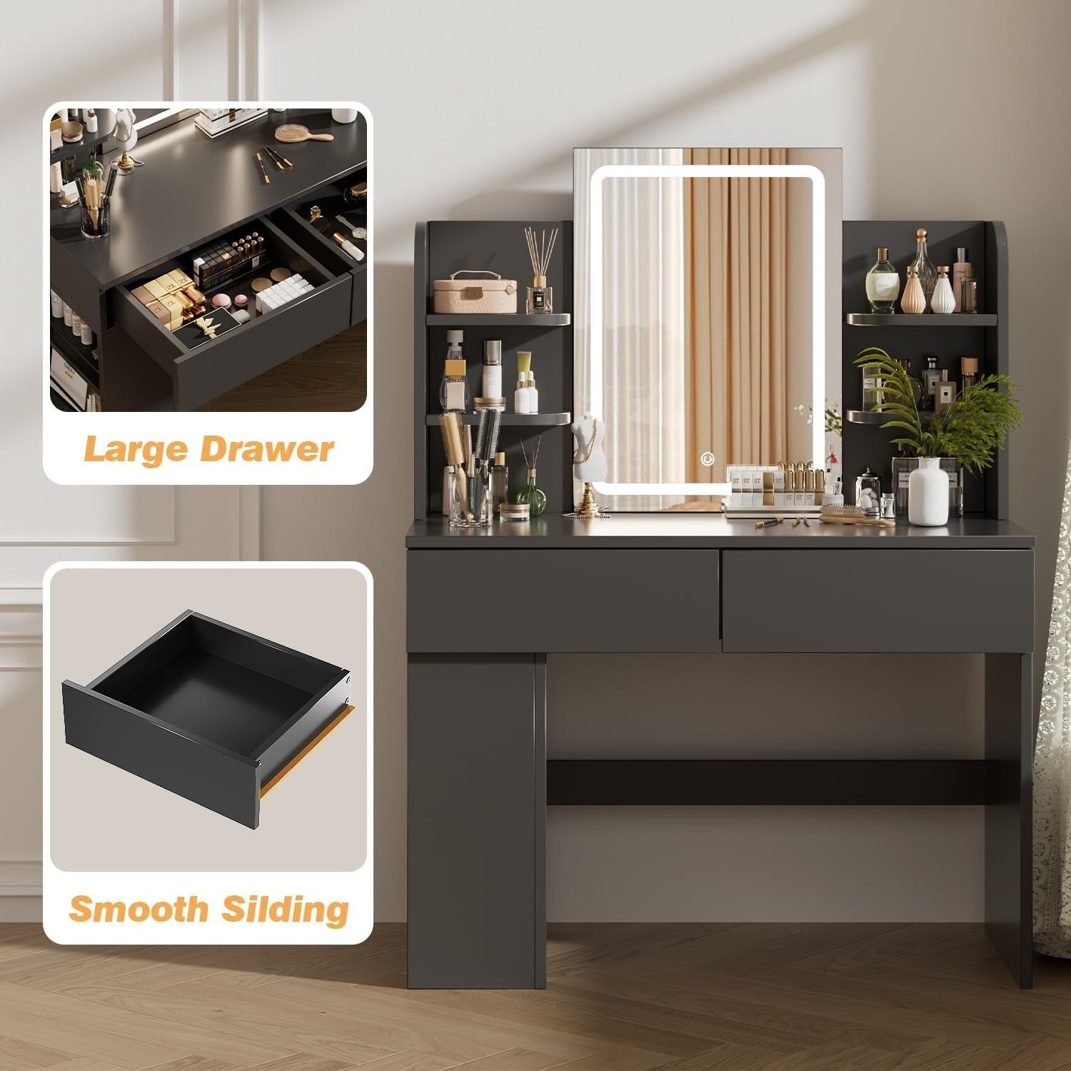 Modern Black Dressing Table Vanity LED Mirror Stool Storage Makeup Desk Wood