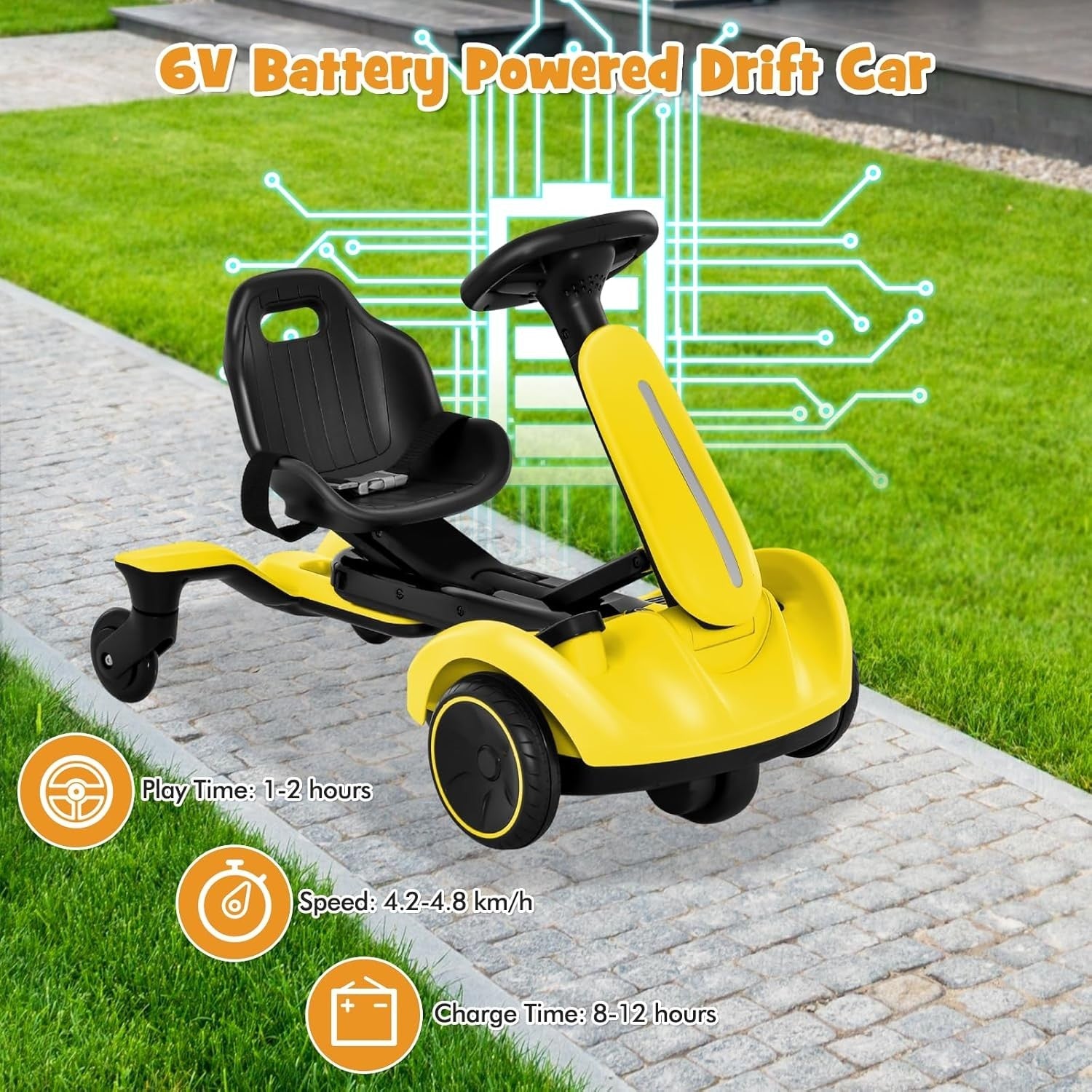Kids Electric Drift Go Kart 6V Ride On Car 360 Spin Adjustable Seat Yellow