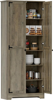 Farmhouse Tall Kitchen Cupboard Grey Wood Storage Cabinet Adjustable