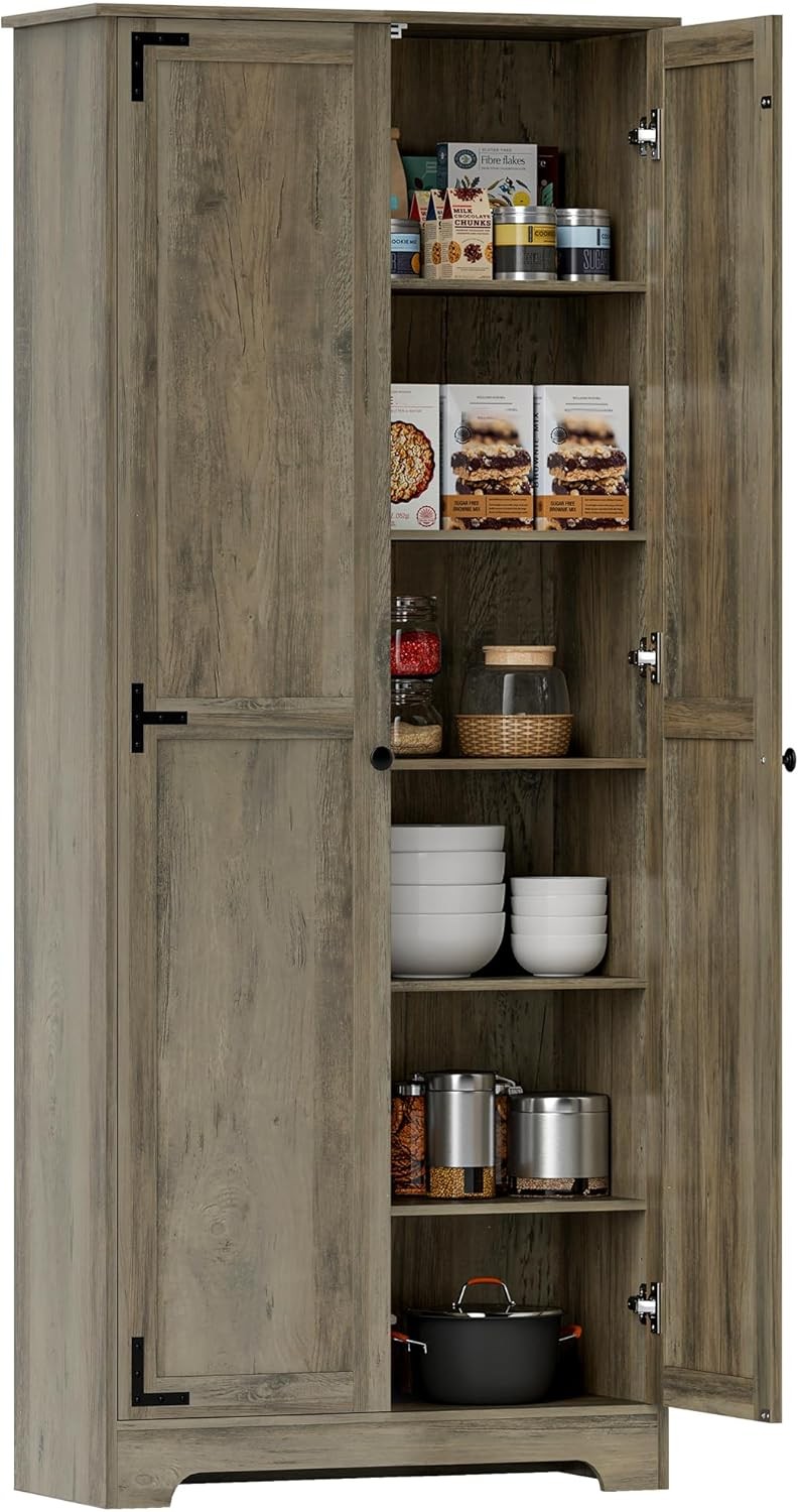 Farmhouse Tall Kitchen Cupboard Grey Wood Storage Cabinet Adjustable