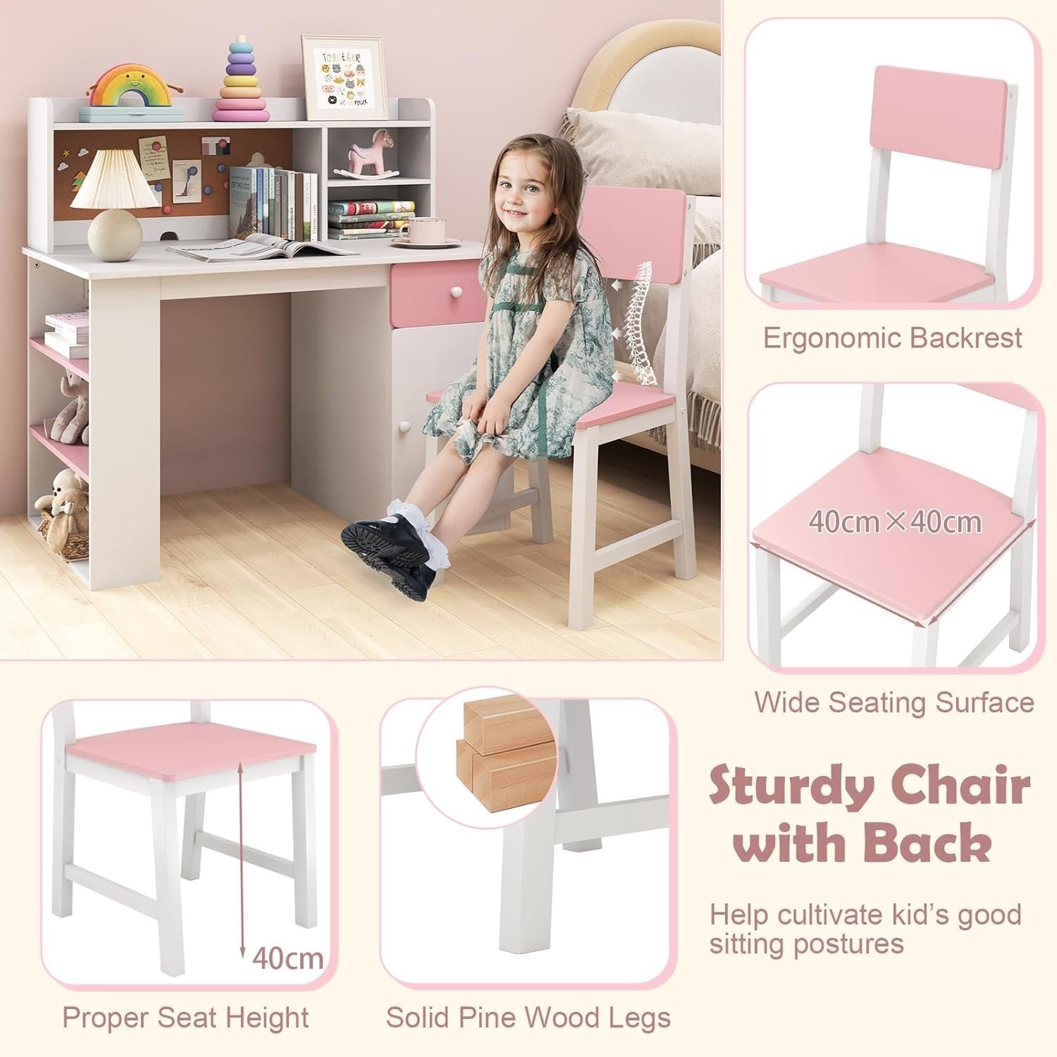 Kids Study Desk & Chair Set Pink White – Storage Shelves, Drawer, Cork Board