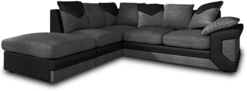 5-Seater Grey & Black Cord Leather L Shape Corner Sofa Modular Scatter Back