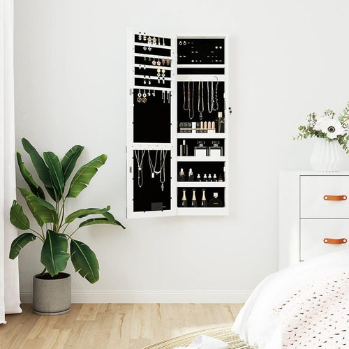 Vertical LED Jewelry Storage Mirror Cabinet Wall Hang Lockable White