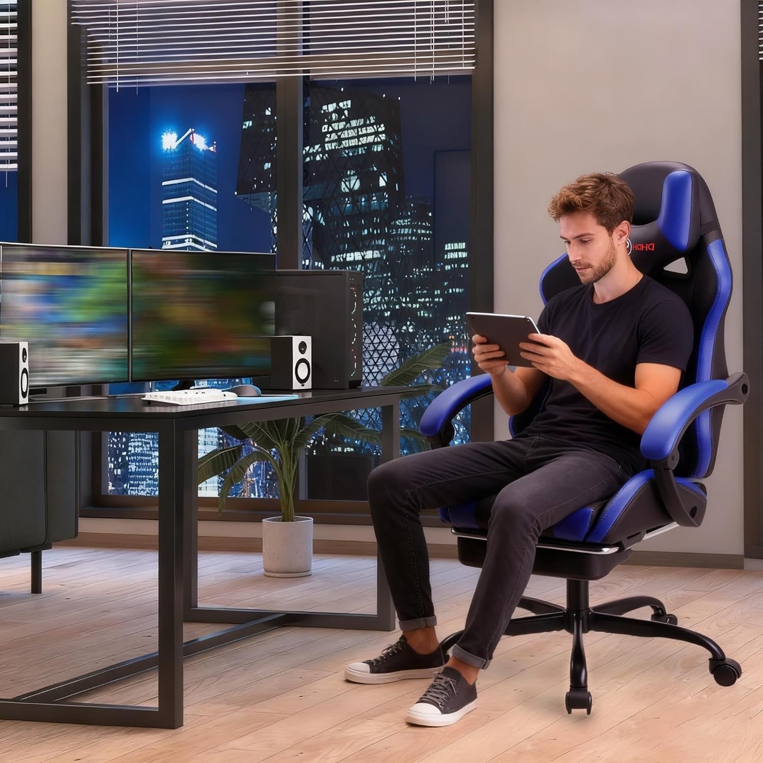 Reclining Gaming Chair with Footrest Ergonomic PU Leather Blue