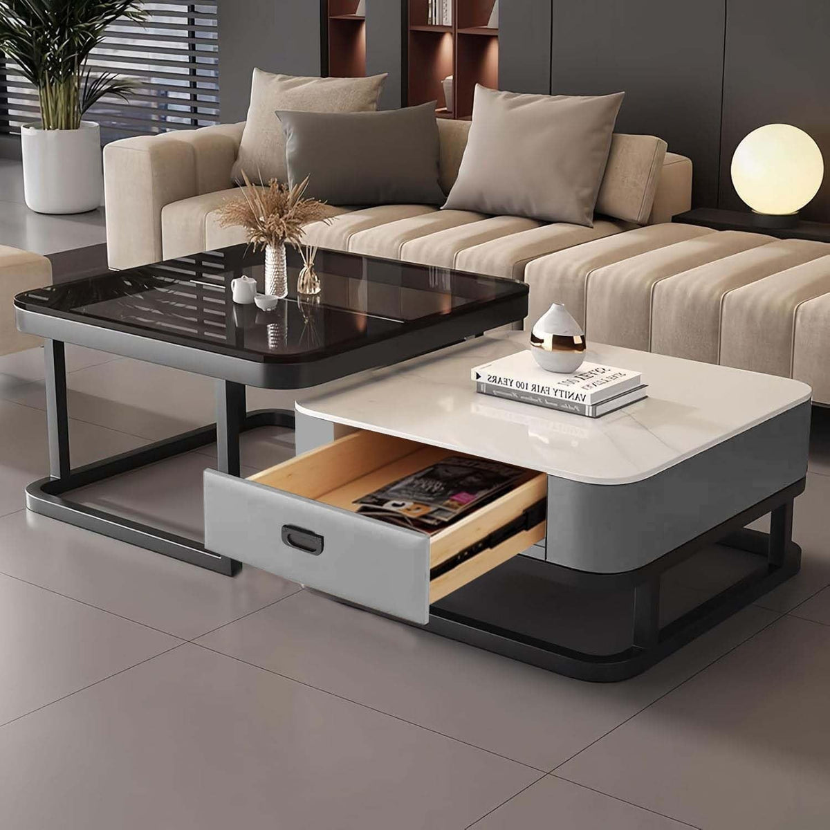 Lift Top Coffee Table with Storage – Square Modern Table, Hidden Drawers