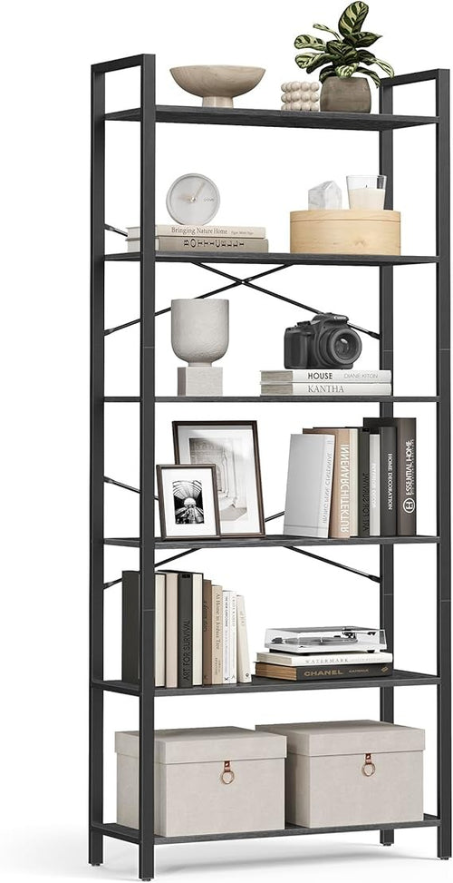 6-Tier Industrial Bookshelf Wide Ebony Black Metal Wood Storage Unit