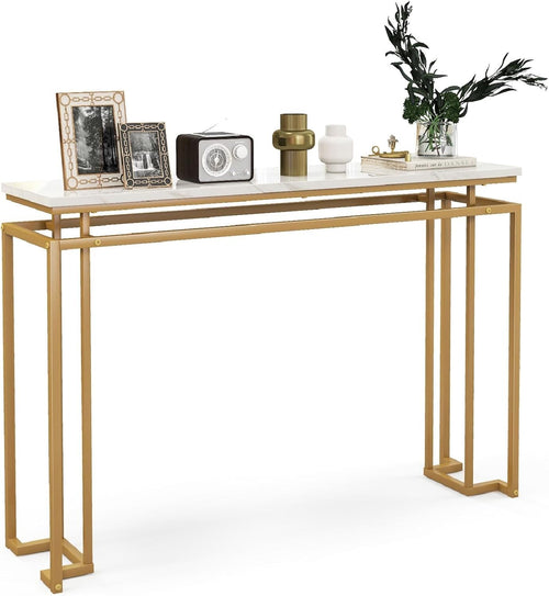 Slim Faux Marble Console Table, Modern Gold Frame, 120cm Entryway Accent