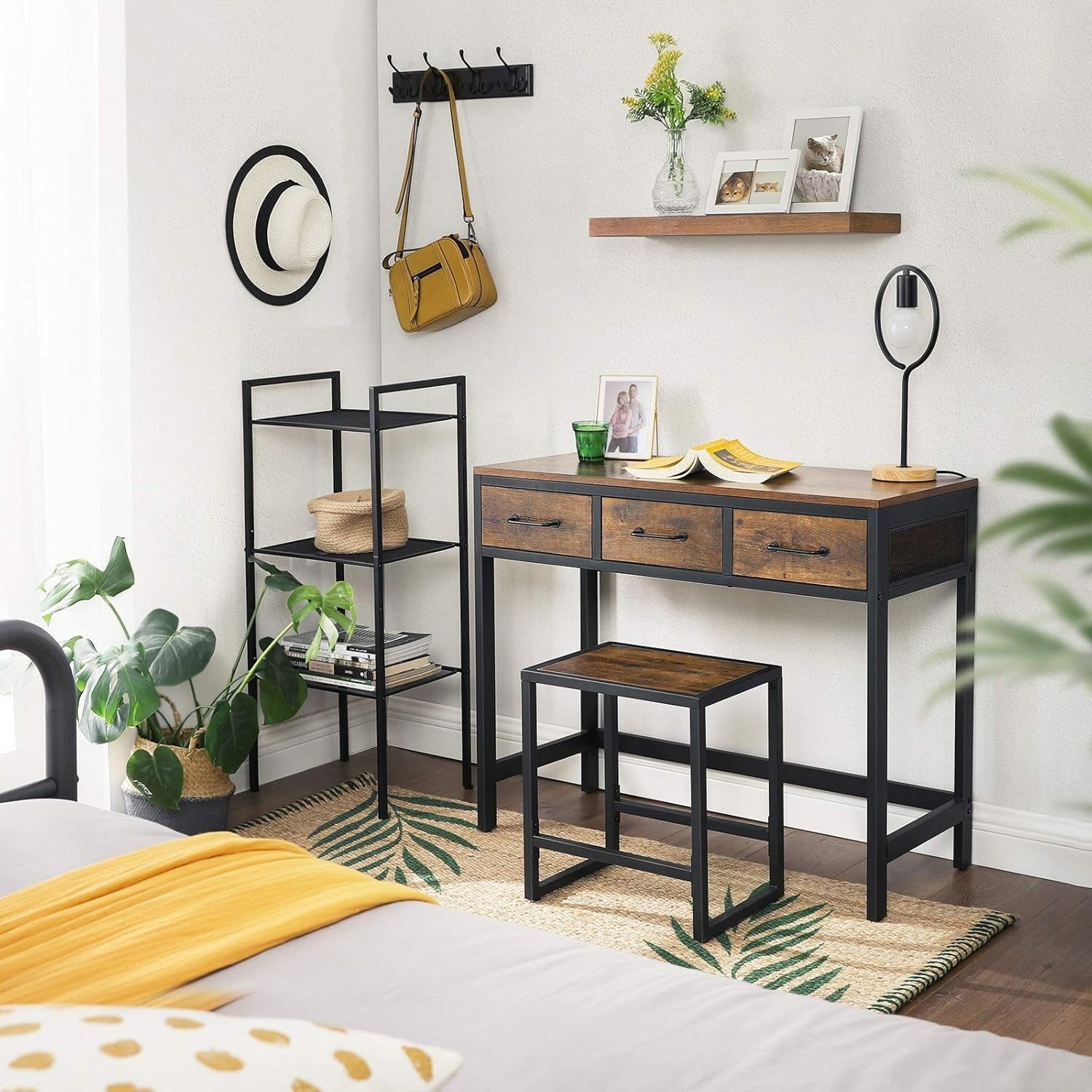 Rustic Dressing Table Vanity Set 3-Fold Mirror Stool Drawers Makeup Desk