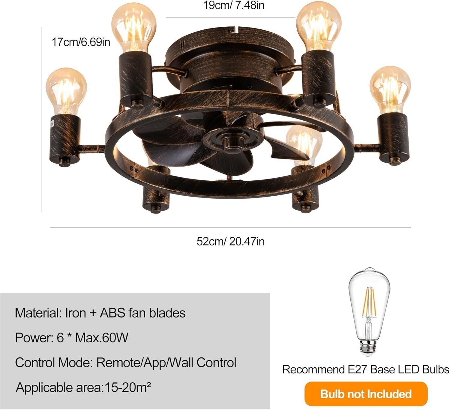 52cm Industrial Ceiling Fan Light, 6 Lights, Remote, Flush Mount, Black