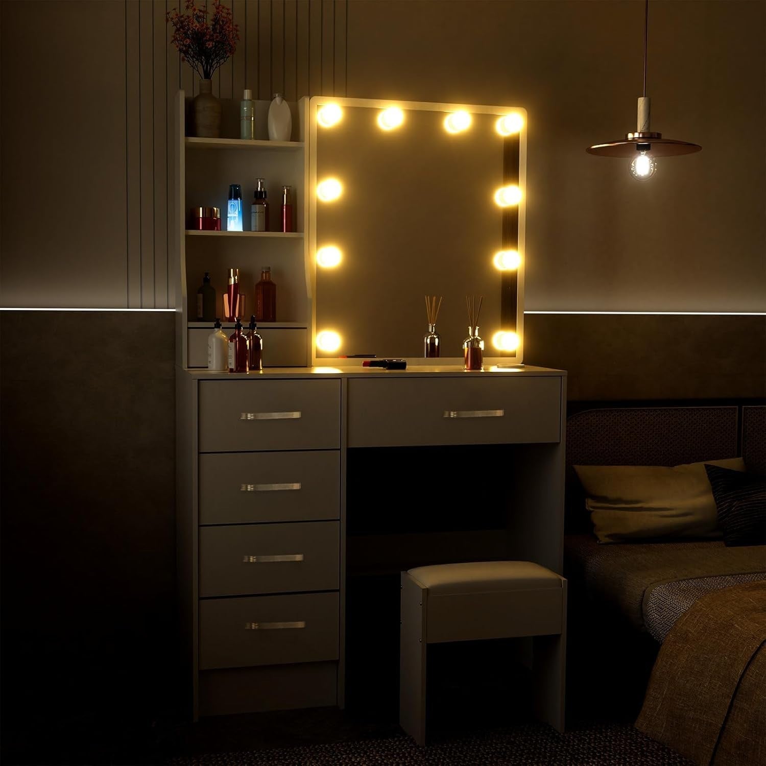 White Vanity Dressing Table w/ LED Mirror 6 Drawers Stool Makeup Desk