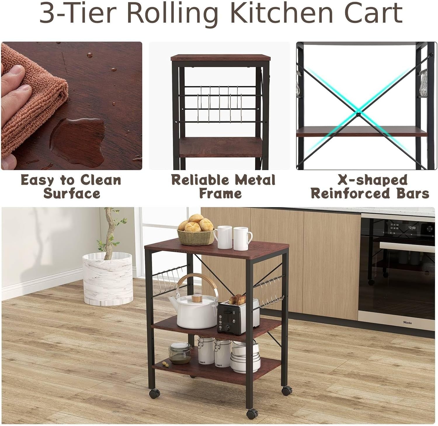 Kitchen Bakers Rack Rolling Cart Microwave Stand 3 Shelves Wheels