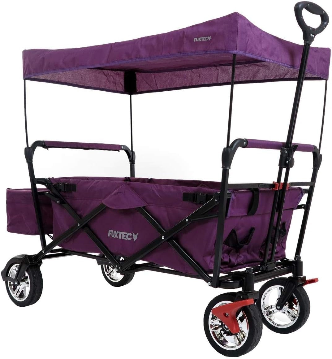 Purple Kids Folding Wagon Push Pull Stroller Cart w/ Canopy & Storage Bag