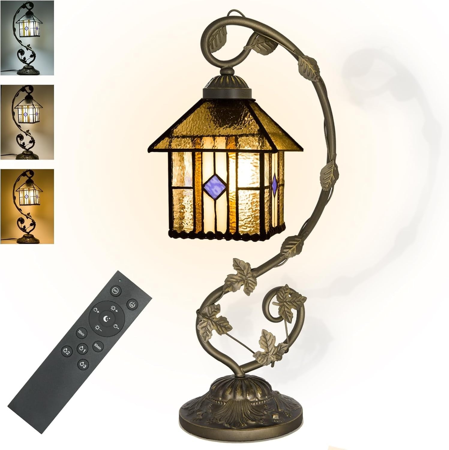 Stained Glass Table Lamp Remote Control Dimmable 3 Color Temp 28x20x52cm