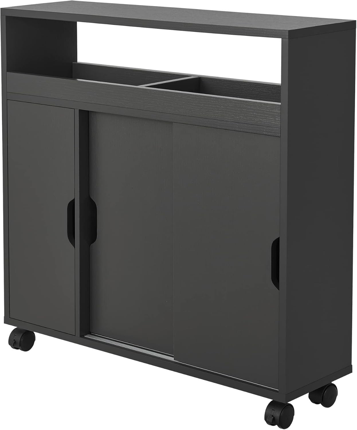 Bathroom Storage Cabinet Dark Grey Slim Cupboard w/ Wheels & Sliding Door
