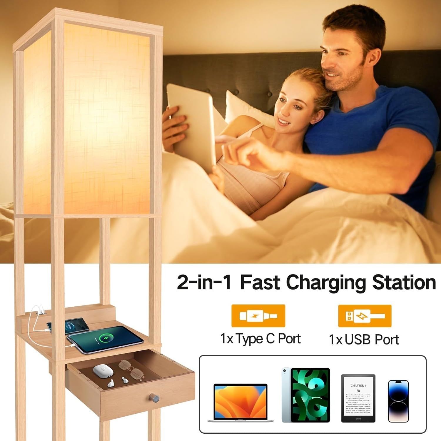 Floor Lamp with Shelves USB Charging Drawer LED Standing Storage Light