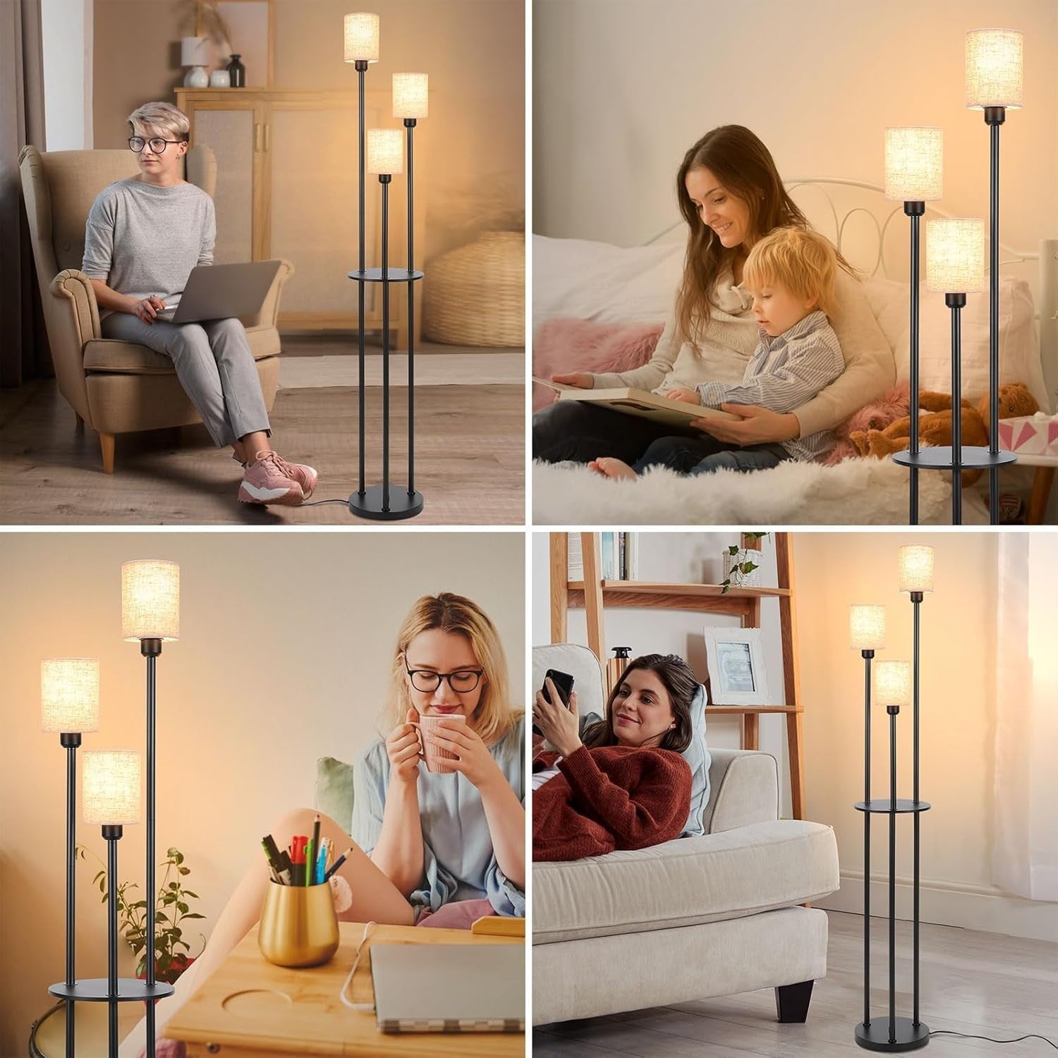 Industrial 3-Light Floor Lamp with Linen Shade, Shelves & Foot Switch