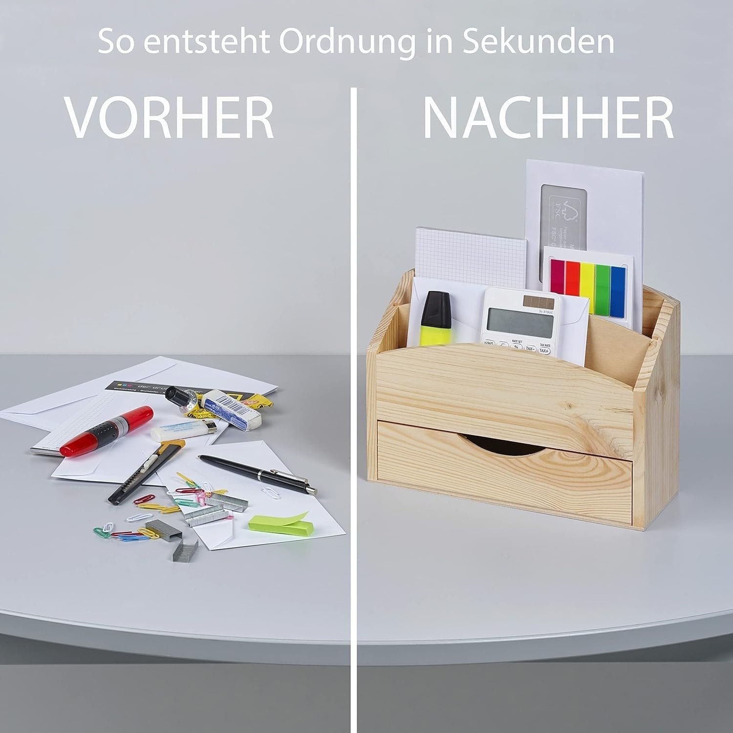 Wood Desk Organiser with Drawer & Removable Divider – Office Storage