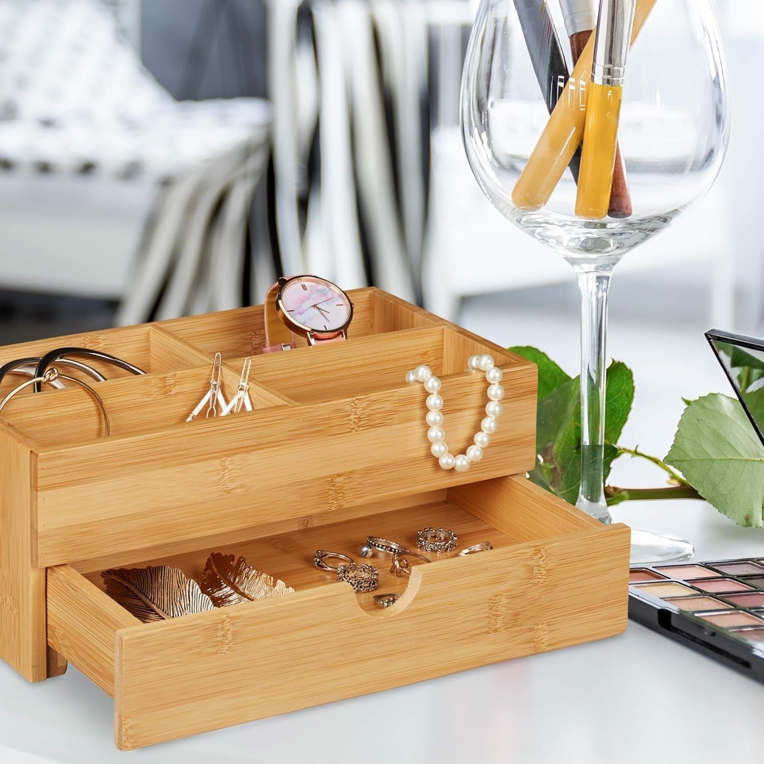 Multifunctional Bamboo Desk Organizer with Drawer 4 Compartments for Makeup