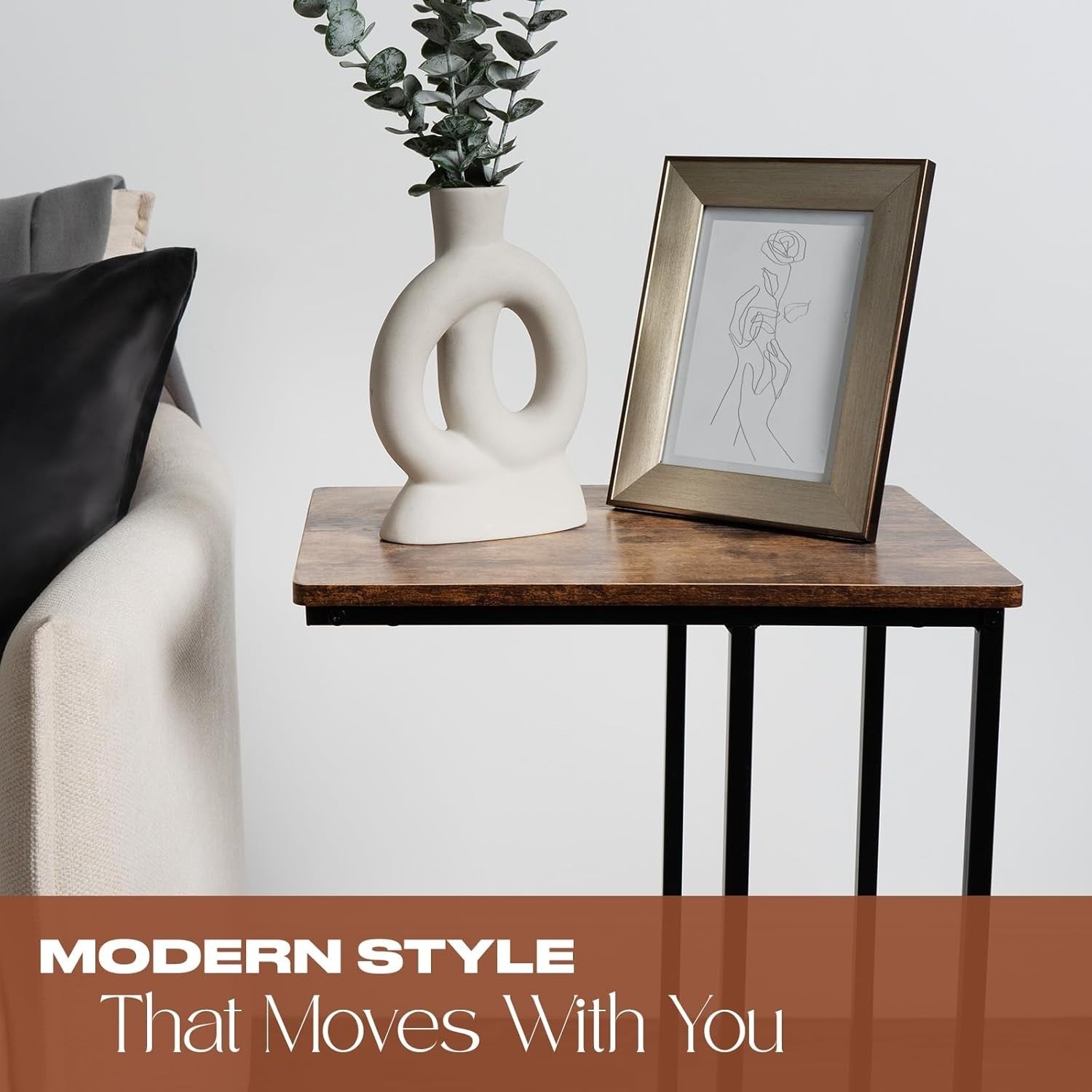 C-Shaped Dark Wood Sofa Side Table – Space-Saving End Table with Storage