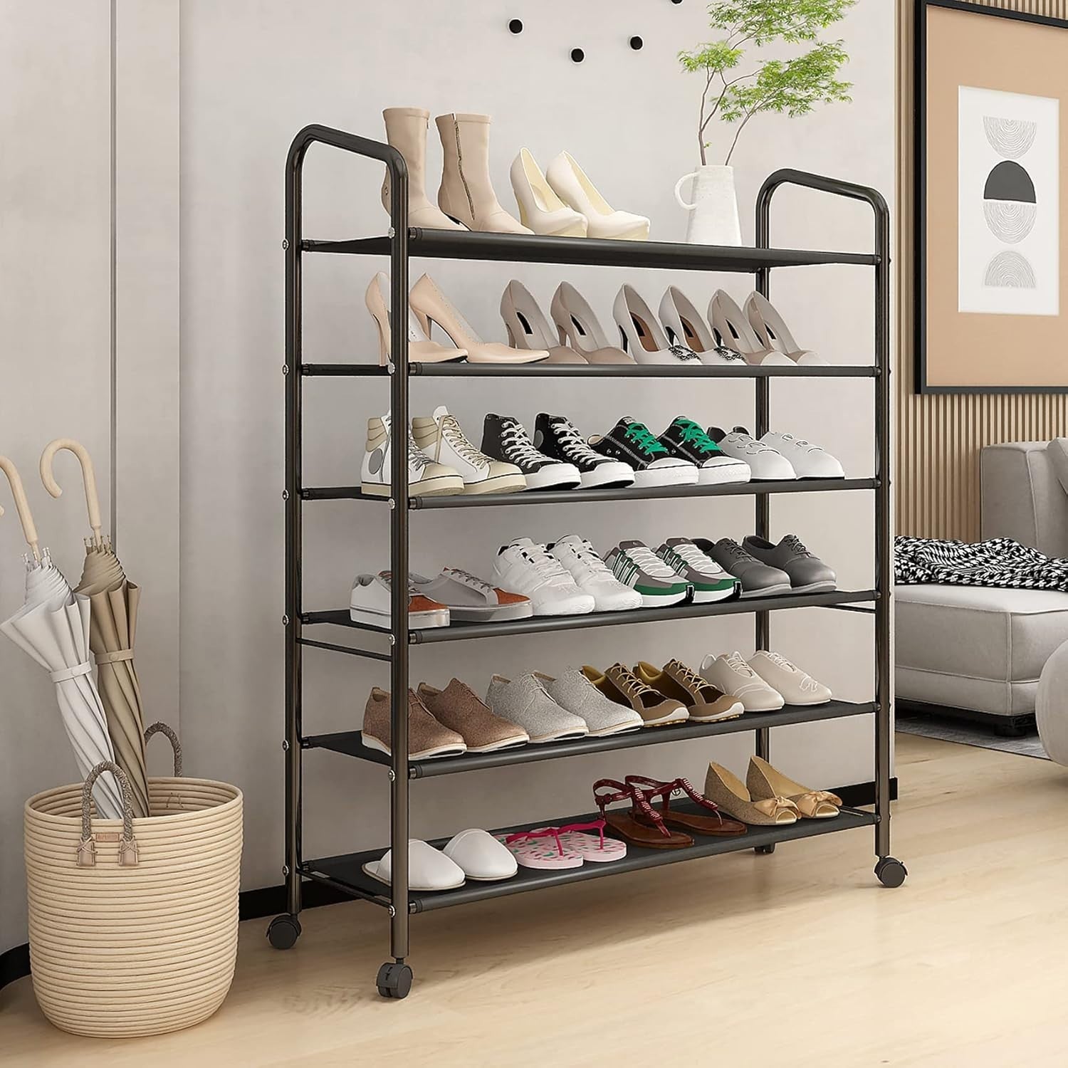 6-Tier Rolling Shoe Rack with Locking Wheels & Durable Fabric, Holds 20-35 Pairs
