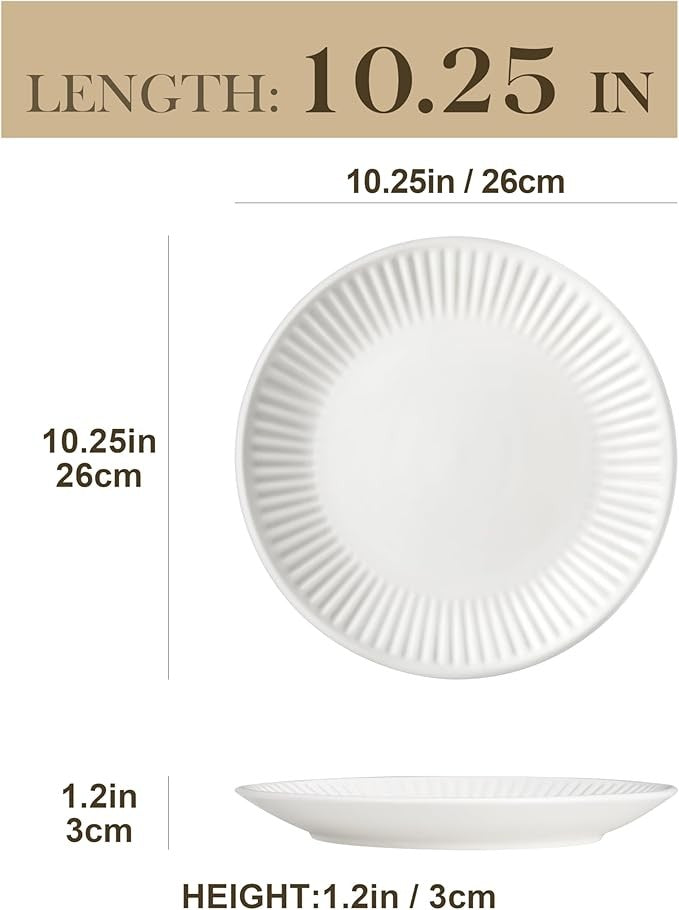 6 Piece White Porcelain Dinner Plates Set 26cm Embossed Chip Resistant