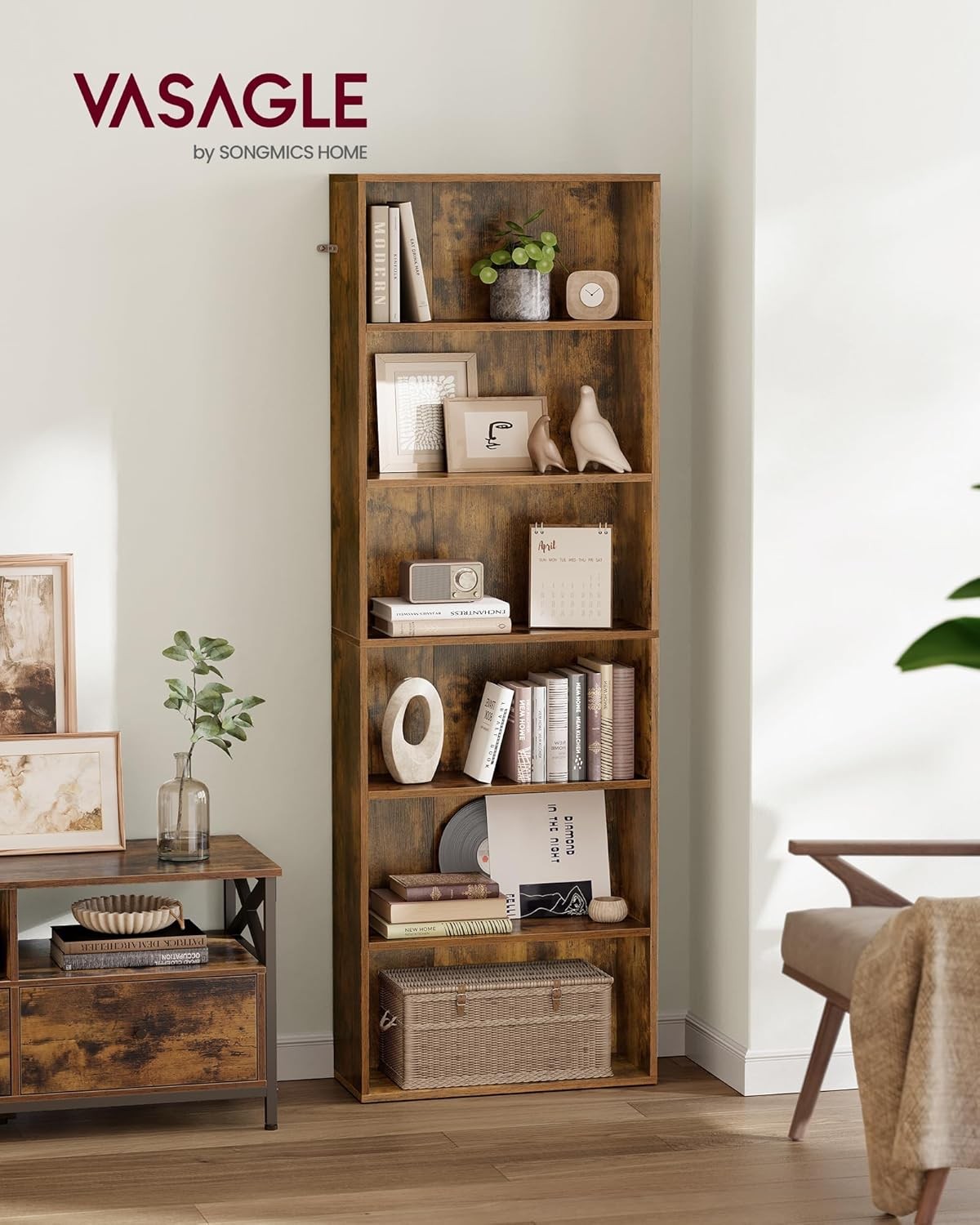 Wide 6-Tier Rustic Brown Bookcase Tall Storage Shelf Unit for Home & Office