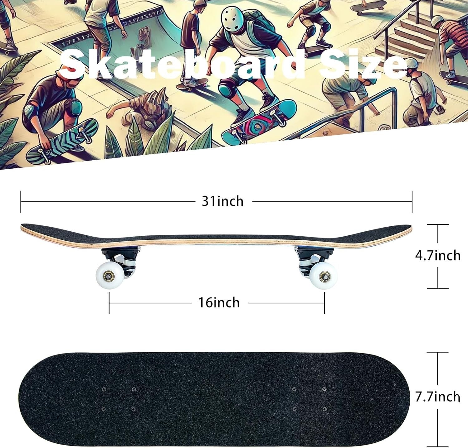 31in Complete Skateboard Maple Double Kick Trick Board Adults & Teens Star
