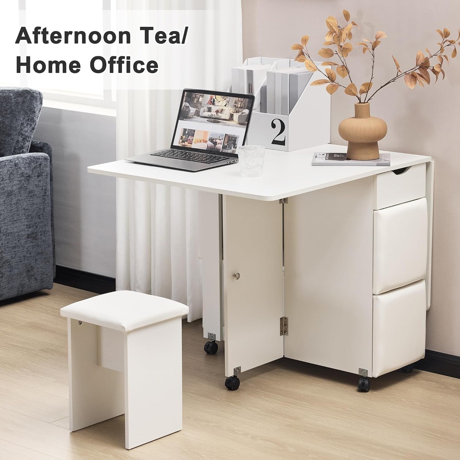 Space-Saving Folding Dining Set with Storage, PU Chairs & Lockable Wheels